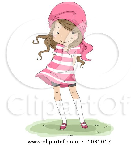 Clipart Brunette Girl Wearing A Pink Striped Dress And Scarf On Her Head - Royalty Free Vector Illustration by BNP Design Studio