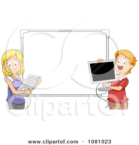 Clipart Students Holding A Computer Keyboard And Monitor Against A White Board - Royalty Free Vector Illustration by BNP Design Studio