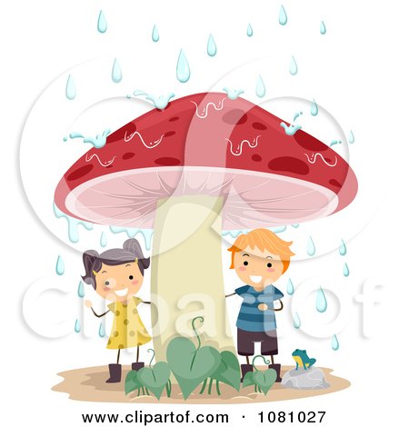 Clipart Stick Kids Sheltered From Rain Under A Mushroom - Royalty Free Vector Illustration by BNP Design Studio