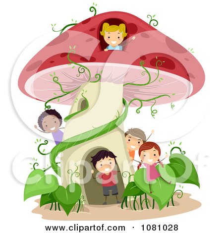 Clipart Stick Kids Playing At A Mushroom House - Royalty Free Vector Illustration by BNP Design Studio