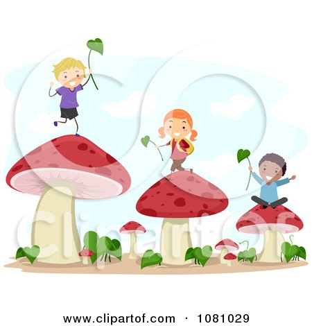 Clipart Stick Kids Playing With Leaves And Mushrooms - Royalty Free Vector Illustration by BNP Design Studio