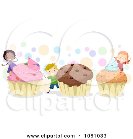 Clipart Stick Kids With Giant Cupcakes And Colorful Dots - Royalty Free Vector Illustration by BNP Design Studio