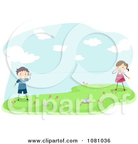 Clipart Stick Kids Talking On Can Phones - Royalty Free Vector Illustration by BNP Design Studio
