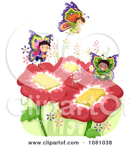 Clipart Stick Kid Butterflies Over Flowers - Royalty Free Vector Illustration by BNP Design Studio