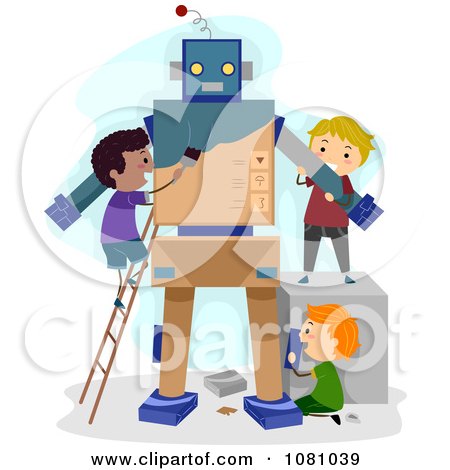 Clipart Stick Kids Making A Robot - Royalty Free Vector Illustration by BNP Design Studio