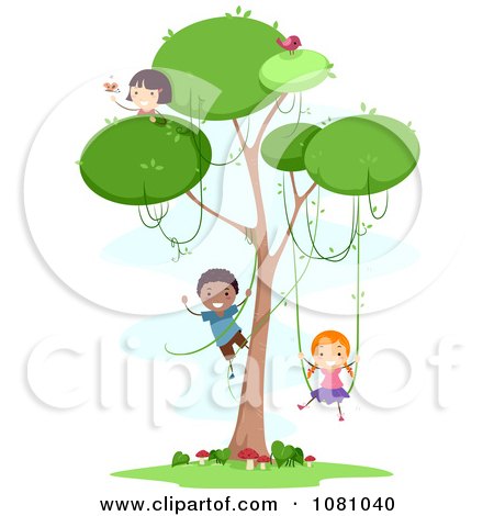 Clipart Stick Kids Playing In A Tree With Vines - Royalty Free Vector Illustration by BNP Design Studio