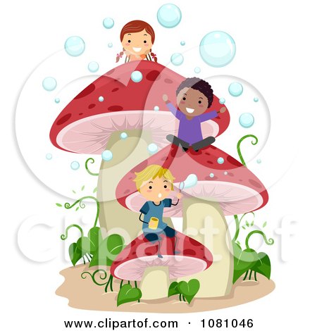 Clipart Stick Kids Playing On Mushrooms - Royalty Free Vector Illustration by BNP Design Studio