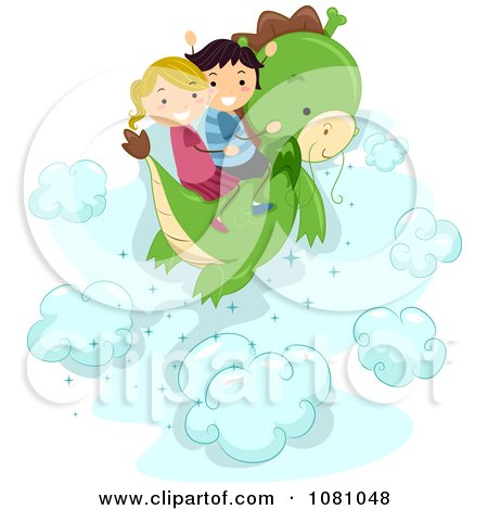 Clipart Stick Kids Flying On A Dragon - Royalty Free Vector Illustration by BNP Design Studio