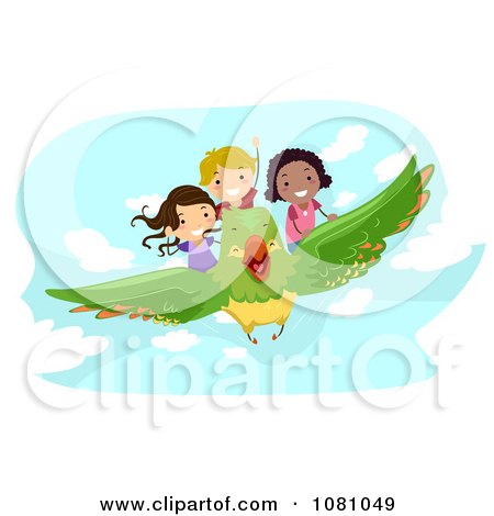 Clipart Stick Kids Flying On A Bird - Royalty Free Vector Illustration by BNP Design Studio