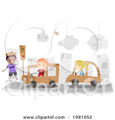 Clipart Stick Kids Driving Cardboard Cars In A Paper City - Royalty Free Vector Illustration by BNP Design Studio