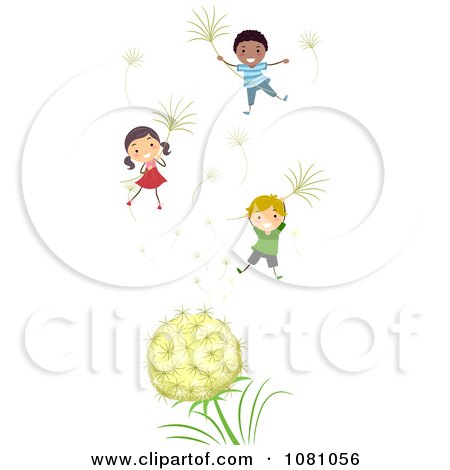 Clipart Stick Kids Floating With Dandelion Seeds - Royalty Free Vector Illustration by BNP Design Studio