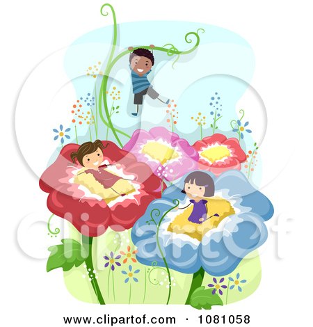 Clipart Stick Kids Playing On Giant Flowers - Royalty Free Vector Illustration by BNP Design Studio