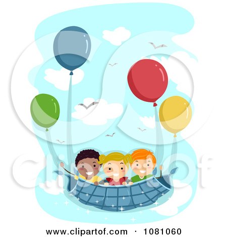 Clipart Stick Kids Floating Away With Balloons - Royalty Free Vector Illustration by BNP Design Studio