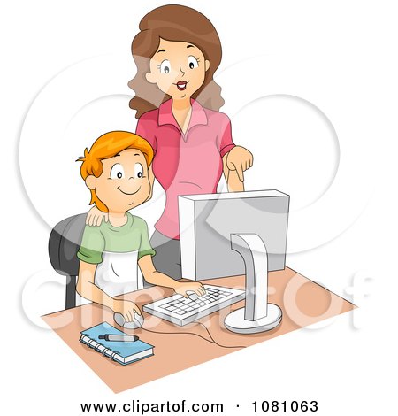 Clipart Computer Teacher Supervising A School Boy - Royalty Free Vector Illustration by BNP Design Studio