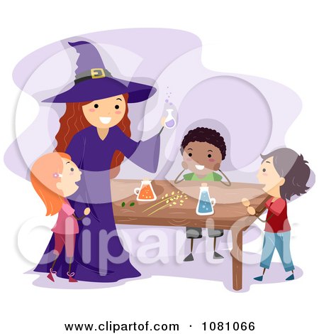 Clipart Stick Kids And A Witch Making A Potion - Royalty Free Vector Illustration by BNP Design Studio