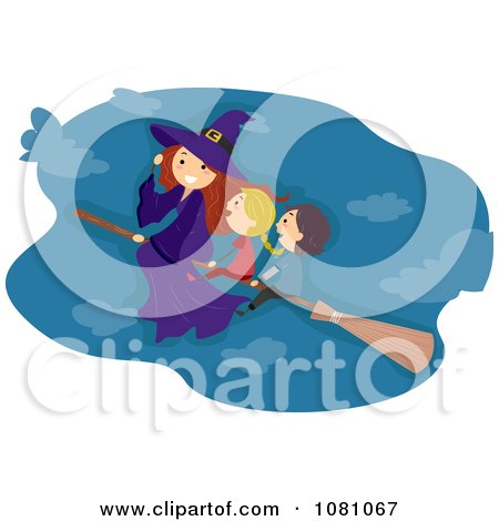 Clipart Stick Kids And A Witch Flying On A Broomstick - Royalty Free Vector Illustration by BNP Design Studio