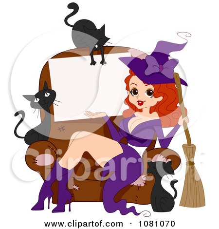 Clipart Sexy Halloween Pinup Witch Sitting On A Chair With A Sign Surrounded By Black Cats - Royalty Free Vector Illustration by BNP Design Studio