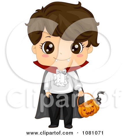 Clipart Vampire Halloween Boy With A Pumpkin Basket - Royalty Free Vector Illustration by BNP Design Studio