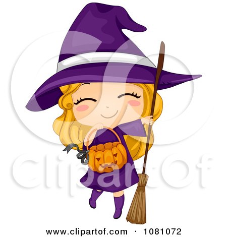 Clipart Witch Halloween Girl With A Pumpkin Basket - Royalty Free Vector Illustration by BNP Design Studio