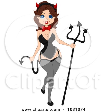 Clipart Halloween Devil Pinup Woman In Black With A Pitchfork - Royalty Free Vector Illustration by BNP Design Studio