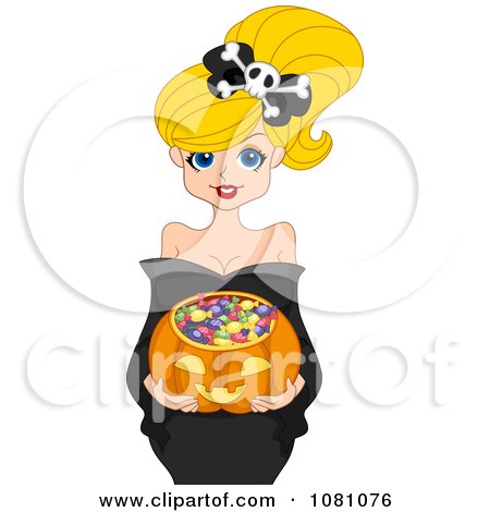 Clipart Pretty Blond Woman Holding A Halloween Candy Pumpkin Basket - Royalty Free Vector Illustration by BNP Design Studio
