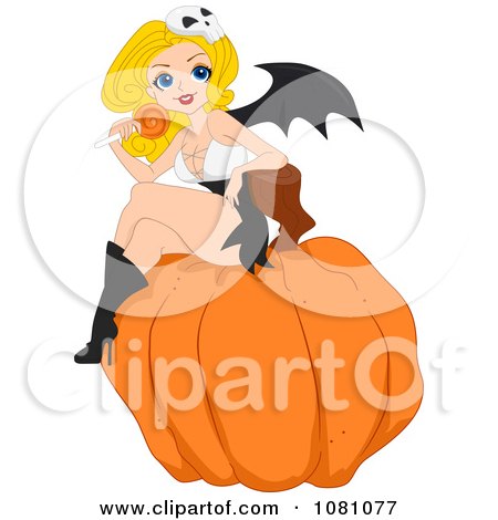 Clipart Halloween Bat Wing Pinup Woman With A Lolipop  Sitting On A Pumpkin - Royalty Free Vector Illustration by BNP Design Studio