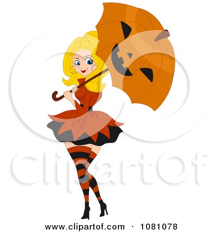 Clipart Halloween Pinup Woman With A Jackolantern Umbrella - Royalty Free Vector Illustration by BNP Design Studio