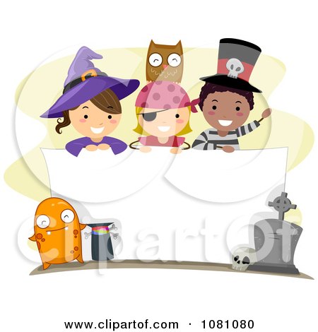 Clipart Halloween Stick Kids Over A Blank Sign - Royalty Free Vector Illustration by BNP Design Studio
