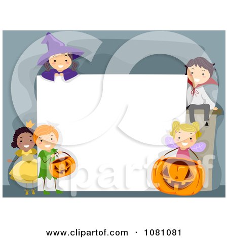 Clipart Halloween Stick Kids Around A Blank Sign - Royalty Free Vector Illustration by BNP Design Studio