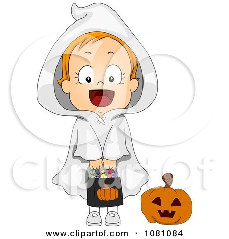 Clipart Ghost Halloween Girl With A Candy Bag - Royalty Free Vector Illustration by BNP Design Studio