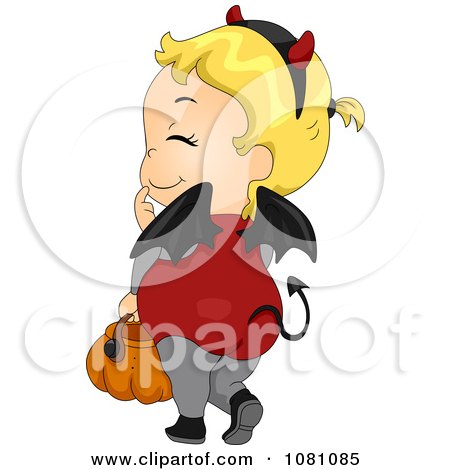 Clipart Toddler Devil Halloween Girl Carrying A Pumpkin Basket - Royalty Free Vector Illustration by BNP Design Studio