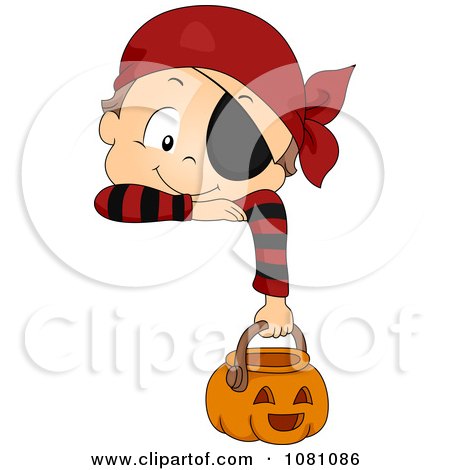 Clipart Toddler Boy In A Pirate Halloween Costume Hanging Over A Sign - Royalty Free Vector Illustration by BNP Design Studio