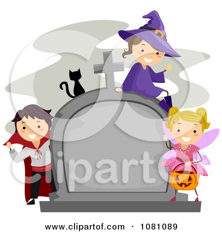 Clipart Halloween Stick Kids And Cat By A Tombstone - Royalty Free Vector Illustration by BNP Design Studio
