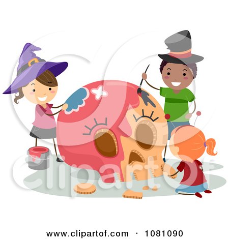 Clipart Halloween Stick Kids Painting A Skull - Royalty Free Vector Illustration by BNP Design Studio