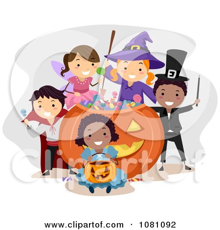 Clipart Halloween Stick Kids In Costumes Around A Giant Candy Pumpkin - Royalty Free Vector Illustration by BNP Design Studio