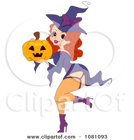 Clipart Sexy Halloween Witch Pinup Woman Holding A Jackolantern - Royalty Free Vector Illustration by BNP Design Studio