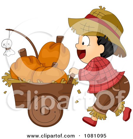 Clipart Toddler Farmer Halloween Boy Pusking A Cart Of Pumpkins - Royalty Free Vector Illustration by BNP Design Studio