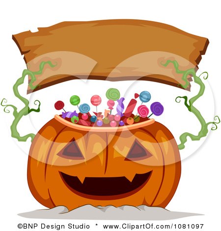 Clipart Candy Jackolantern Holding Up A Blank Wood Halloween Banner - Royalty Free Vector Illustration by BNP Design Studio