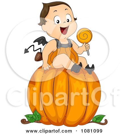 Clipart Toddler Devil Halloween Boy On A Large Pumpkin - Royalty Free Vector Illustration by BNP Design Studio