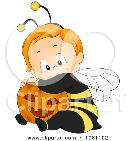 Clipart Cute Halloween Baby In A Bee Costume Hugging A Pumpkin - Royalty Free Vector Illustration by BNP Design Studio