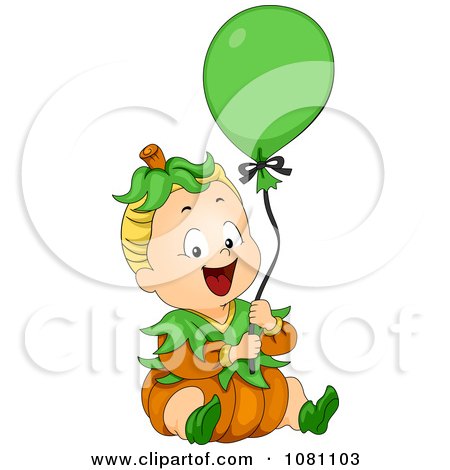 Clipart Halloween Baby In A Pumpkin Costume With A Balloon - Royalty Free Vector Illustration by BNP Design Studio