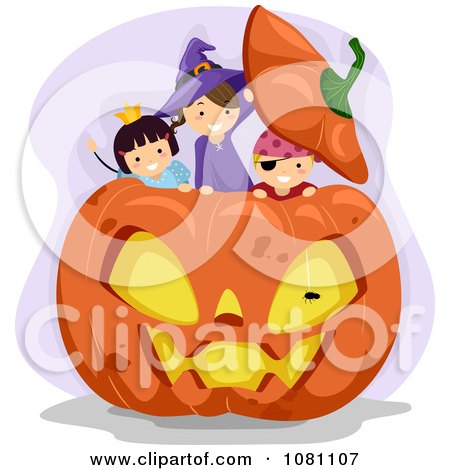 Clipart Halloween Stick Kids Playing In A Giant Jackolantern Pumpkin - Royalty Free Vector Illustration by BNP Design Studio