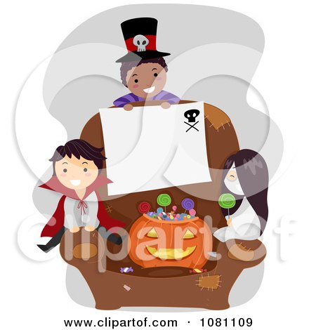 Clipart Halloween Stick Kids With A Blank Sign On A Chair - Royalty Free Vector Illustration by BNP Design Studio