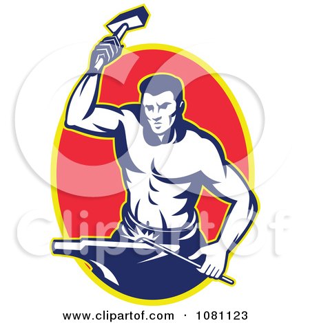 Clipart Retro Blacksmith Hammering Over A Red Oval - Royalty Free Vector Illustration by patrimonio