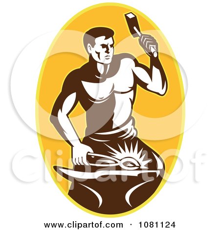 Clipart Retro Blacksmith Hammering Over A Yellow Oval - Royalty Free Vector Illustration by patrimonio