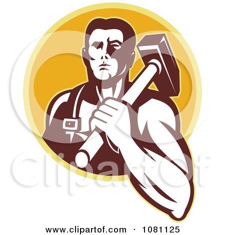 Clipart Retro Blacksmith With A Hammer On His Shoulder Over A Yellow Circle - Royalty Free Vector Illustration by patrimonio