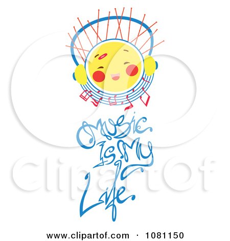Clipart Sun With Headphones Over Music Is My Life Text - Royalty Free Vector Illustration by Cherie Reve