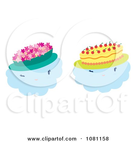 Clipart Clouds Wearing Flower And Cake Hats - Royalty Free Vector Illustration by Cherie Reve
