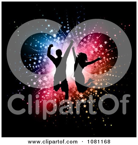 Clipart Silhouetted Dancers Jumping Against Colorful Stars And A Bright Light On Black - Royalty Free Vector Illustration by KJ Pargeter