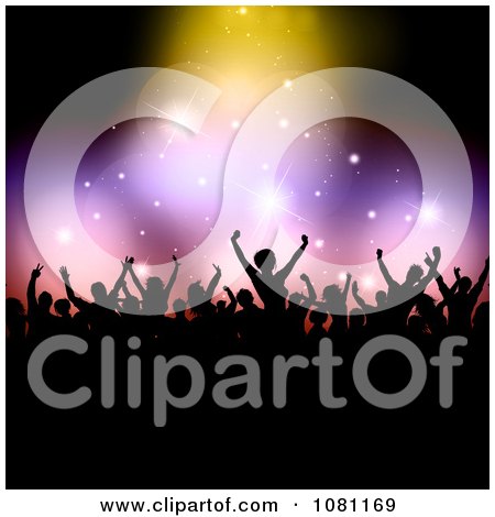 Clipart Silhouetted Audience Holding Their Arms Up Under Sparkly Lights With Black Copyspace - Royalty Free Vector Illustration by KJ Pargeter
